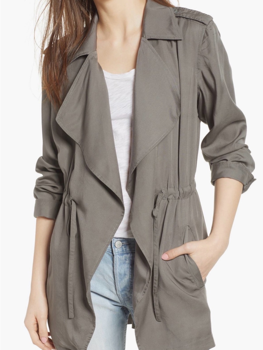 Hinge Gray Draped Drawstring Trench Jacket